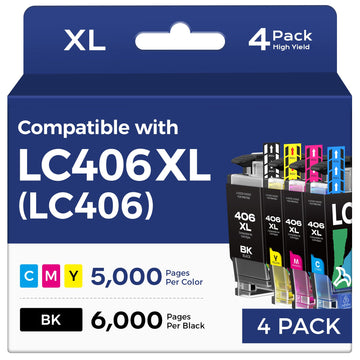 LC406XL LC406 Ink Cartridges for Brother Printer Replacement for LC406 XL | LC406XL Compatible with Brother MFC-J4335DW MFC-J6555DW MFC-J5855DW MFC-J4535DW MFC-J6955DW MFC-J5955DW (4 Pack, BK/M/C/Y)