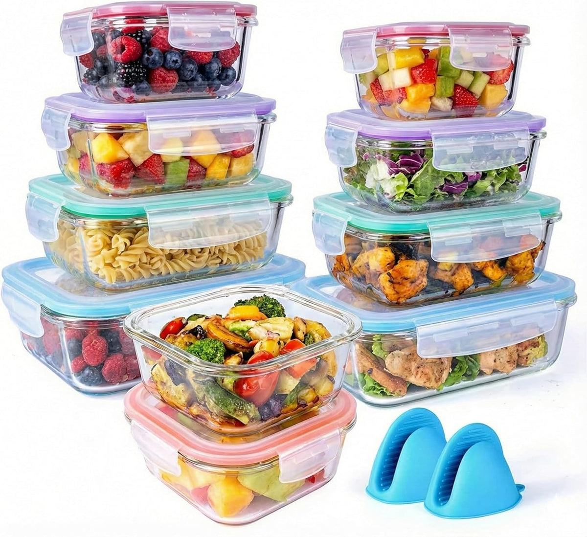 20 Pc Glass Food Storage Containers with Snap Lock Lids, Airtight & Leakproof, Bonus 2 Oven Silicone Gloves, Safe for Dishwasher, Oven, Microwave,Freezer, BPA Free