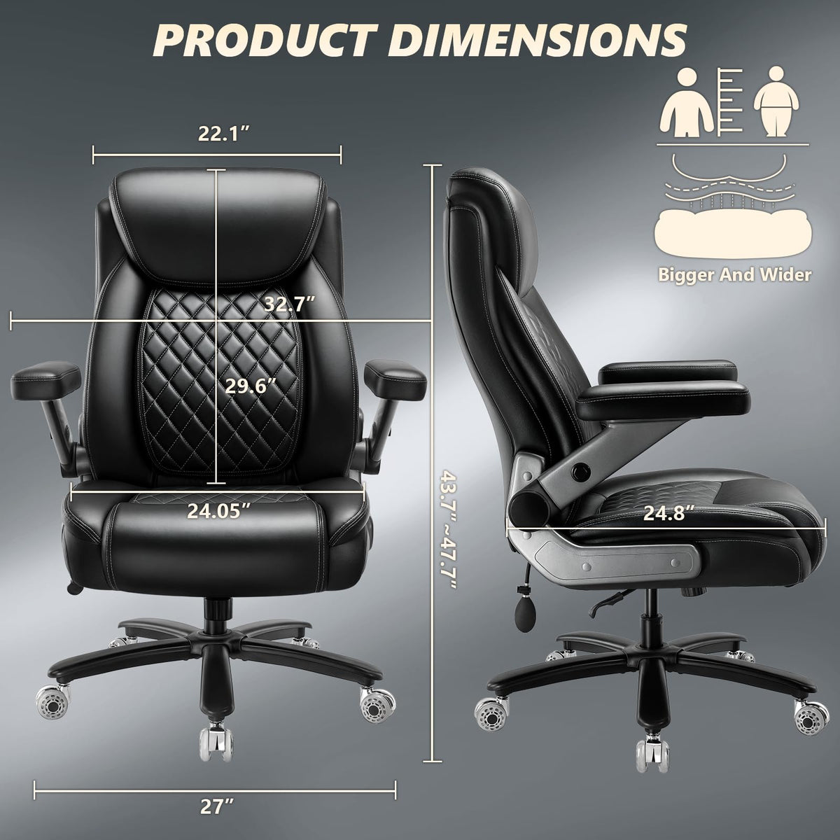 Basicon Big and Tall Office Chair with 5d Flip Arms and Thick Pocket Spring Cushion,extra Wide Heavy Duty Office Chair&adjustable Lumbar Support