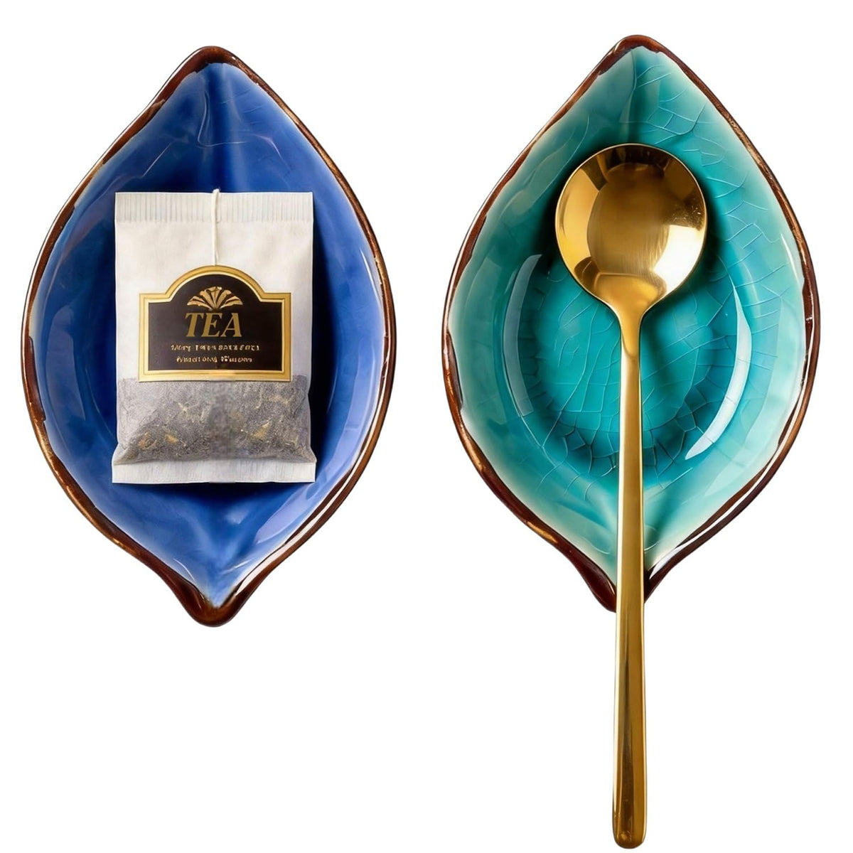 2-Pack Leaf Ice-Cracked Ceramic Coffee Spoon Rest & Tea Bag Holder with 2 Gold Spoons - Small Teabag Saucer for Coffee Bar Accessories - Cute Dipping Sauce Dish & Stirring Spoon Holder Set