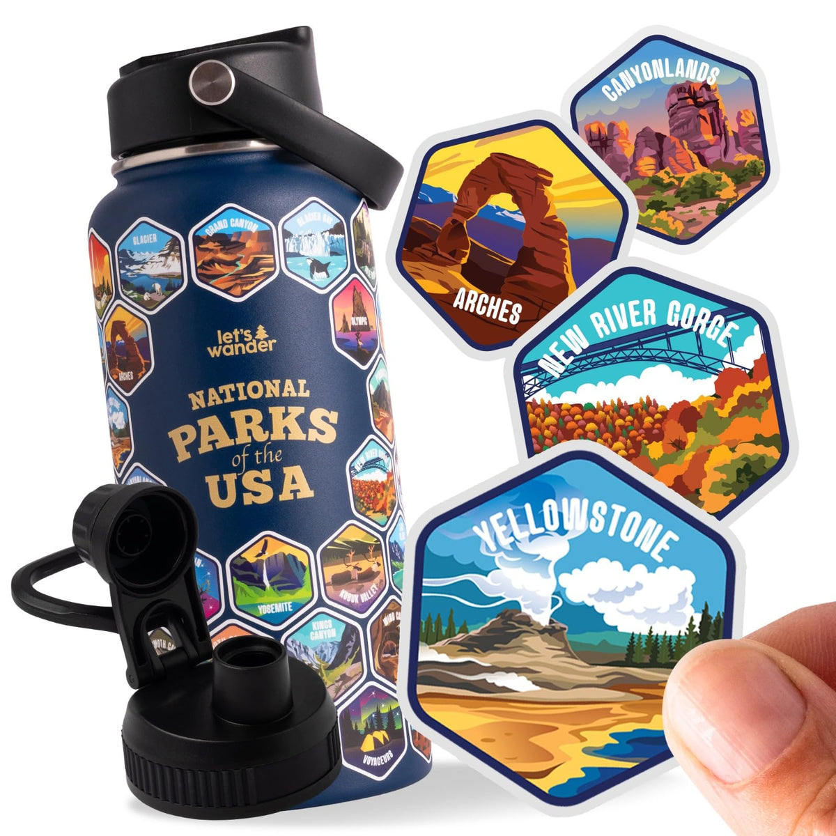 LET'S WANDER National Parks Water Bottle 2.0 Ultimate Bundle | Includes Straw Lid, Chug Lid & 2 Sets of 63 Waterproof Stickers | 32oz Leakproof Insulated Stainless Steel Gift Pack (Blue)