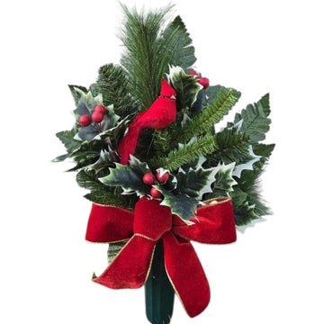 Cemetery Cone with Berries, Holly, and Pine - Christmas Memorial Decoration - Realistic Silk Faux Floral Artificial Grave Flowers -