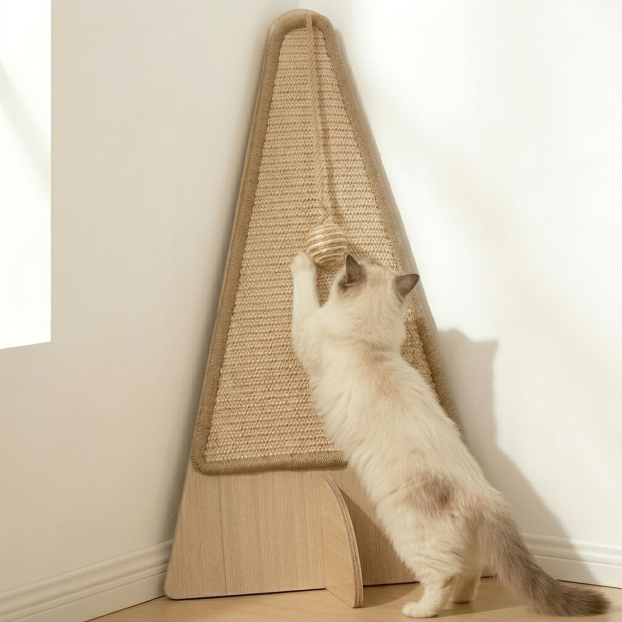 Corner Cat Scratcher–26in Tall Cat Scratching Post, Space Saving Leaning Cat Tree Protects Furniture, Multi-Level Solid Wood with Natural Sisal, Wall Corner Cat Scratch Post for Indoor Cats