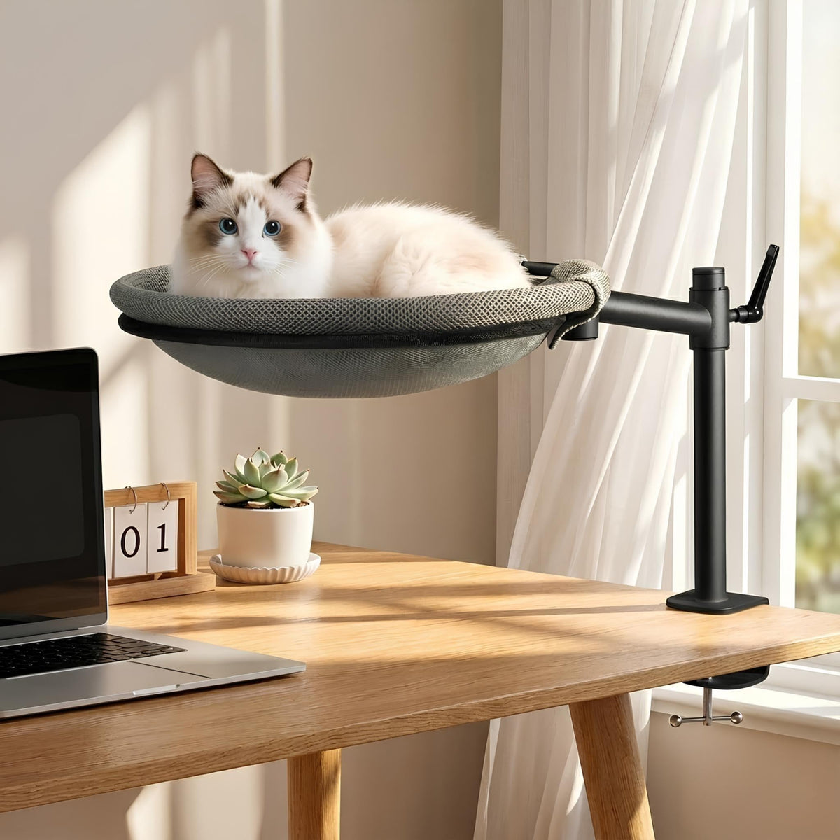 Cat Desk Bed - Sturdy Cat Bed for Desk with 360° Rotating & Adjustable Height, Elevated Cats Nest Perch for Desk, Grey