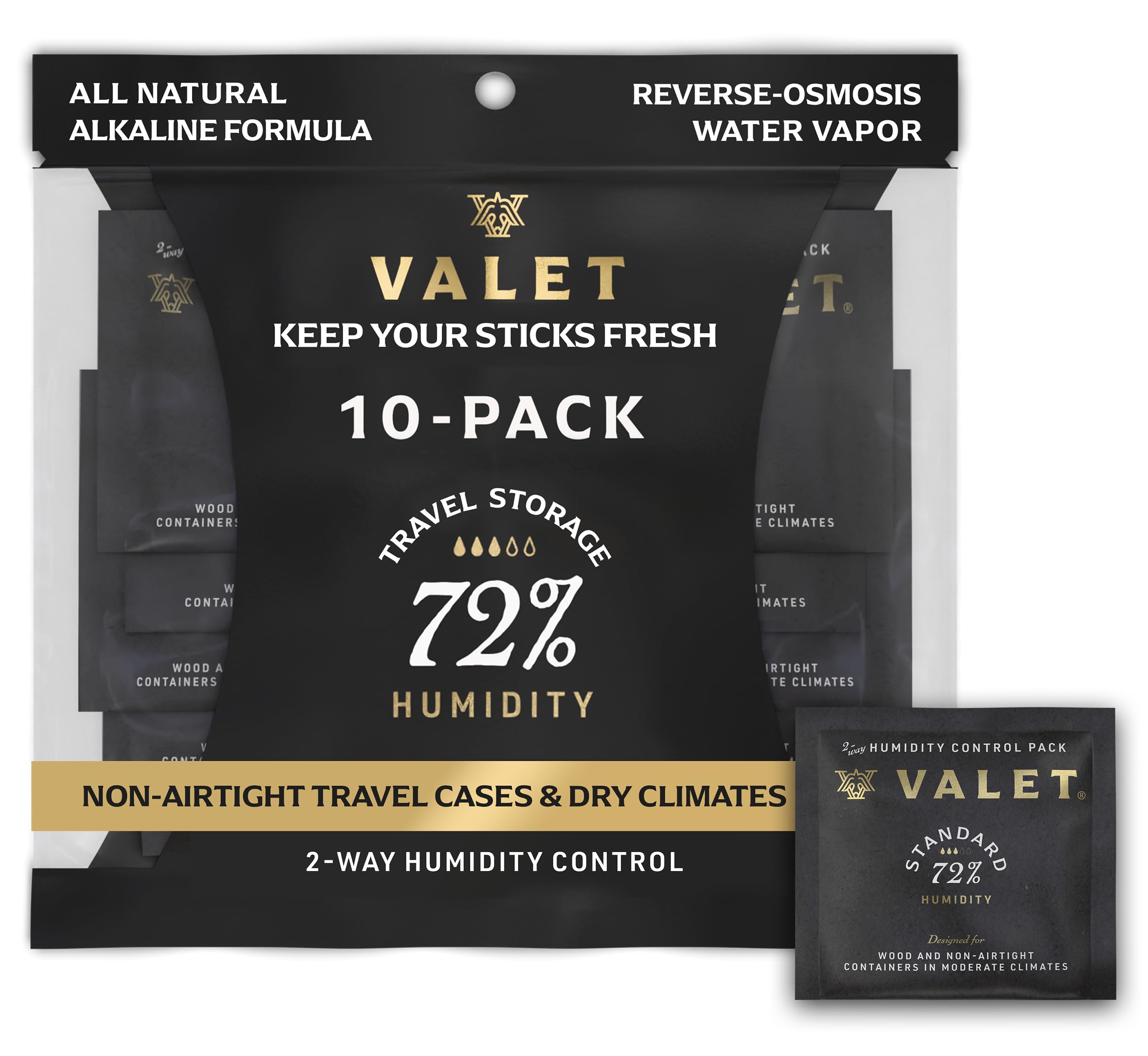 Valet 72% Two-Way Humidity Packs for Travel Containers, 10-Pack, 8g Each, Prevents Leaks and Controls Moisture with Natural Craft Paper Design, Resealable Bag