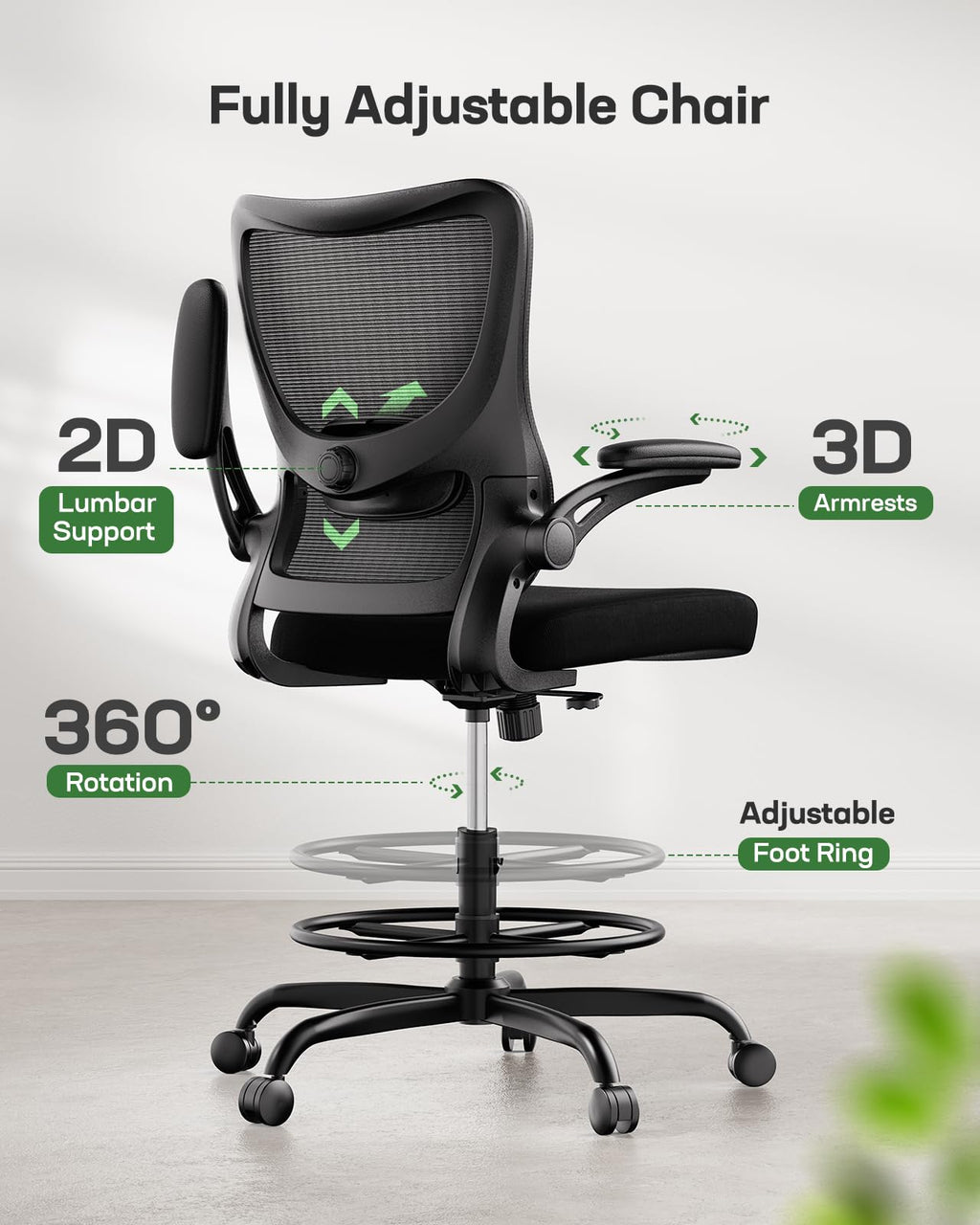 Marsail Drafting Chair, Tall Office Chair with 2d Lumbar Support, Standing Desk Chair with Padded Flip-up Armrests & Adjustable Footrest Ring,
