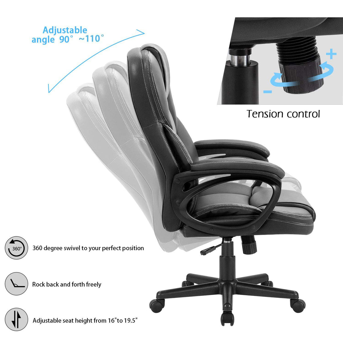 Furmax Office Executive Chair High Back Adjustable Managerial Home Desk Chair, Swivel Computer Pu Leather Chair with Lumbar Support (2, Black)