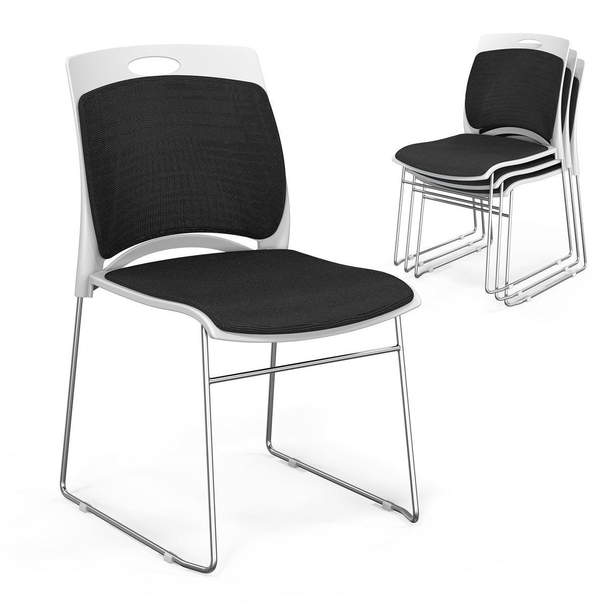 Vingli Stackable Plastic Mesh Padded Chairs for Office Set of 4, Black, 4 Pack