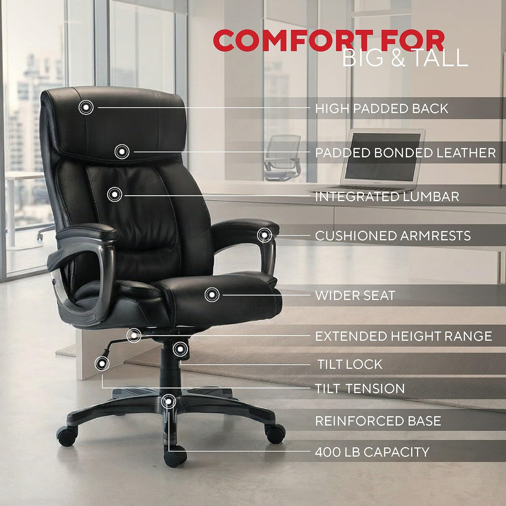 Staples Lockland Big & Tall Bonded Leather Manager Chair, Black, Adjustable, 49.6'' H x 29.3'' W x 31.2'' D