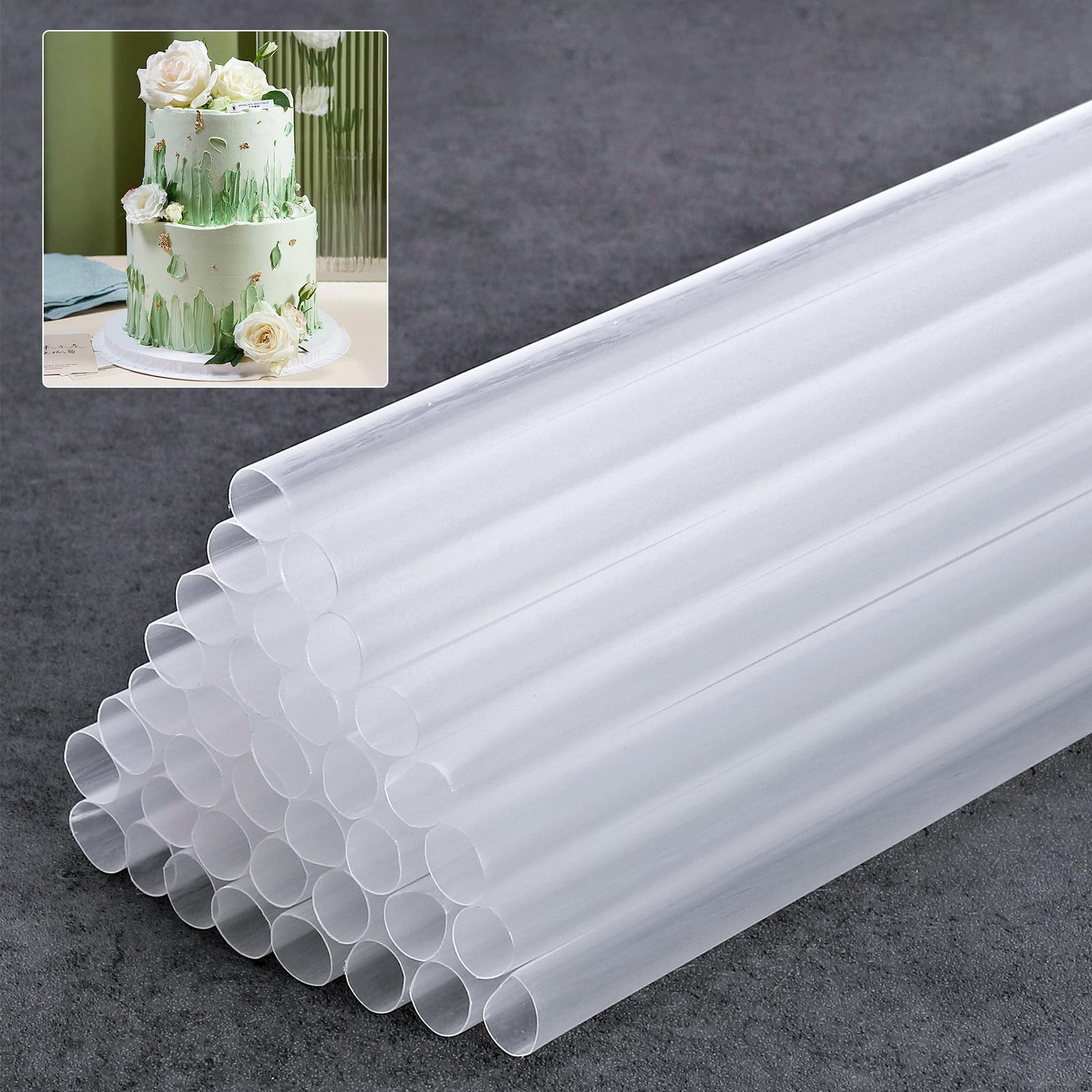 50 Pcs Cake Dowel Rods - 9.5" Long 0.4" Diameter Plastic Straws Cake Dowels for Tiered Cakes, Cake Supports Cake Tier Stacking Kit