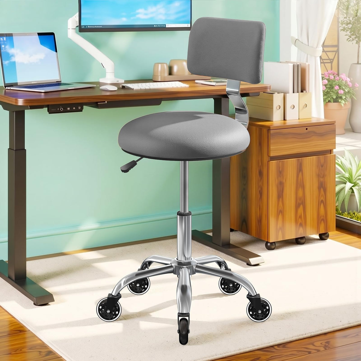 Rolling Stool Chair with Wheels, Office Drafting Chair with Back Support, Height Adjustable Standing Desk Stool with Pu Leather Cushion for