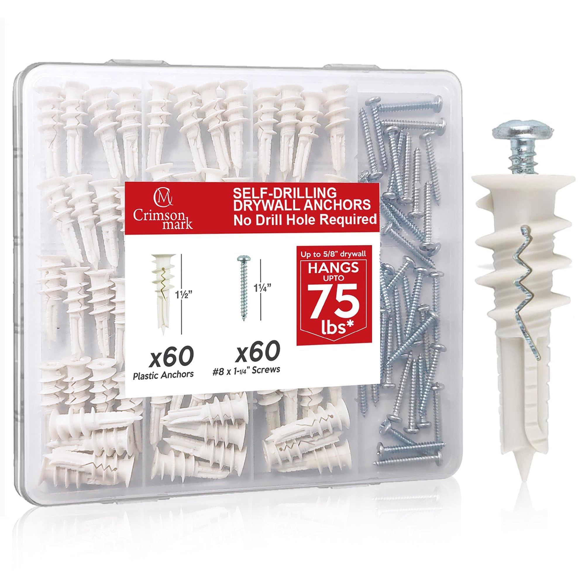 CrimsonMark 120Pcs #8 Self Drilling Drywall Anchors and Screws kit #8 x 1-1/4”- Superb Wall Anchors for Drywall, Holds Upto 75lbs – No Drill Hole Required with These Dry wall Screws and Anchors