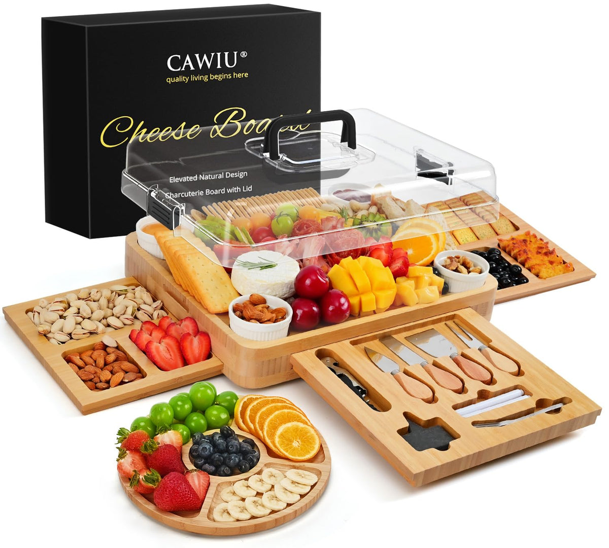 Charcuterie Board with Lid – Large Bamboo Cheese Board Set with Utensils & Drawers – Housewarming, Wedding Gifts for Couples, Serving Tray with Cover (Black)