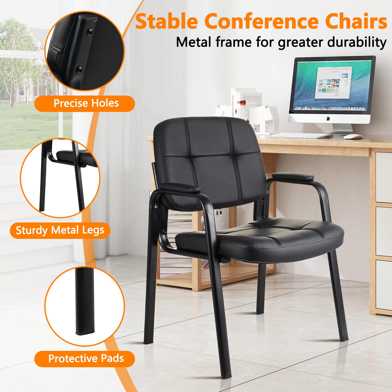 Clatina Office Guest Chair, Leather Reception Chairs with Padded Arms, Desk Chair No Wheels Stationary for Conference Lobby Waiting Room