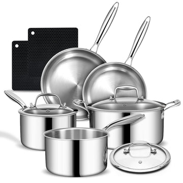 3 Ply Stainless Steel Cookware Set, AIVIKI 10-Pieces Pots and Pans Set, Induction Kitchen Cookware Set, Oven Safe to 500?, Chef Quality Cooking Set w/Fry Pans, Saucepans, Dutch Oven, Kitchen Essential