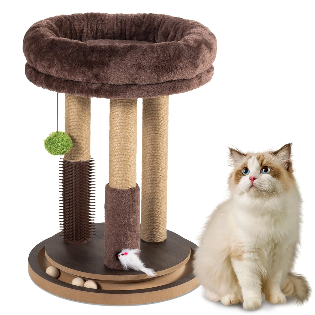 22 Inch Heavy-Duty Cat Scratching Post with Cozy Plush Bed, 3 Sisal Scratching Posts, Interactive Cat Scratcher with Grooming Brush, Hanging Pom-Pom, Track Balls & Mouse Toy for Indoor Cats