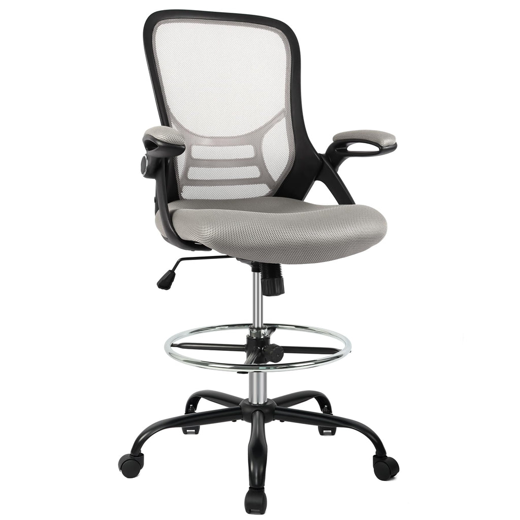 Hylone Drafting Chair, Tall Office Chair Standing Desk Chair Grey Mesh High-back Drafting Stool with Flip-up Arms, Adjustable Foot Ring