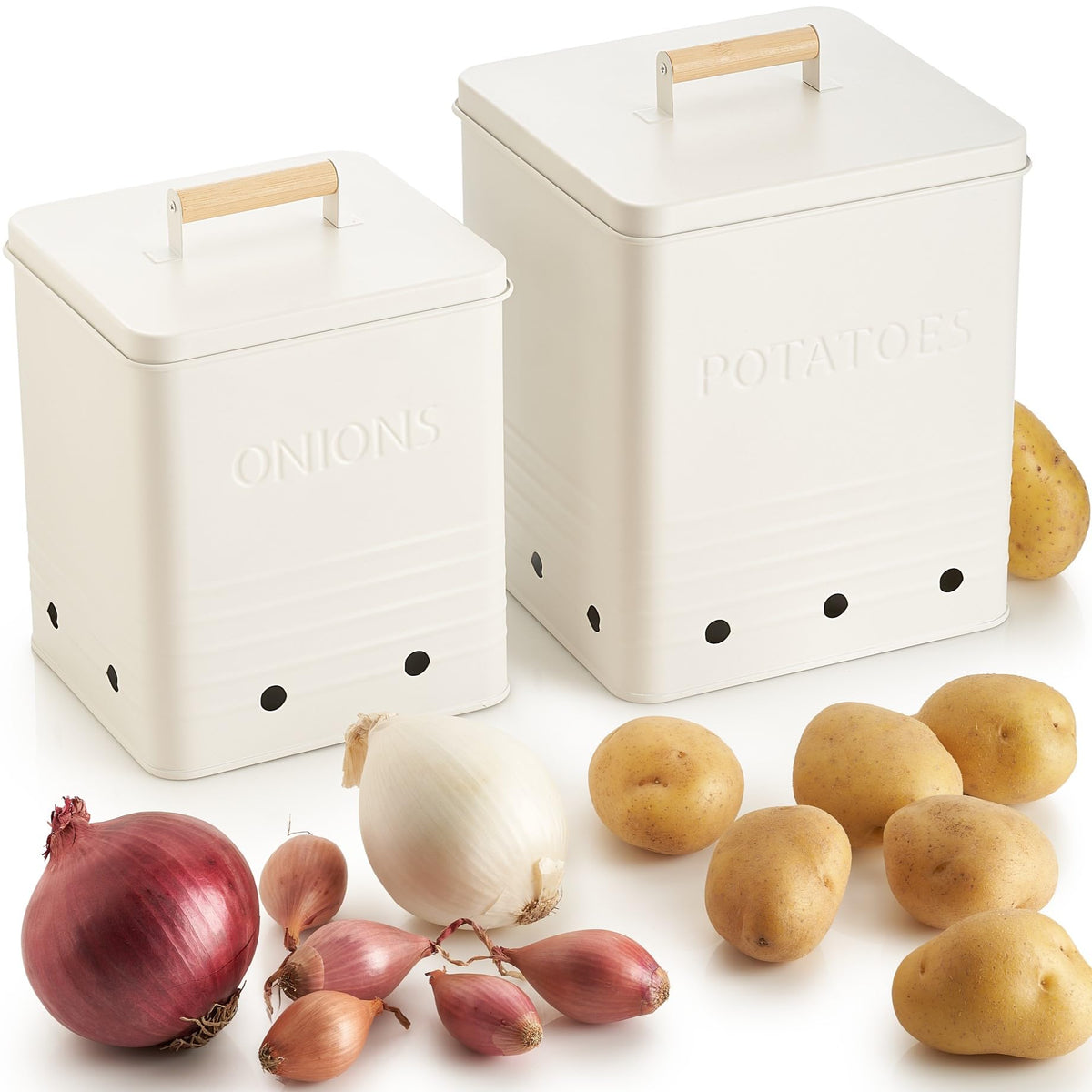ZICOTO Beautiful Potato and Onion Storage Container Set, 10.1" & 8.9" - Perfectly Sized Spacious Canisters For Your Kitchen Counter Or Pantry - Food Safe Metal Bins Keep Produce Fresh Longer