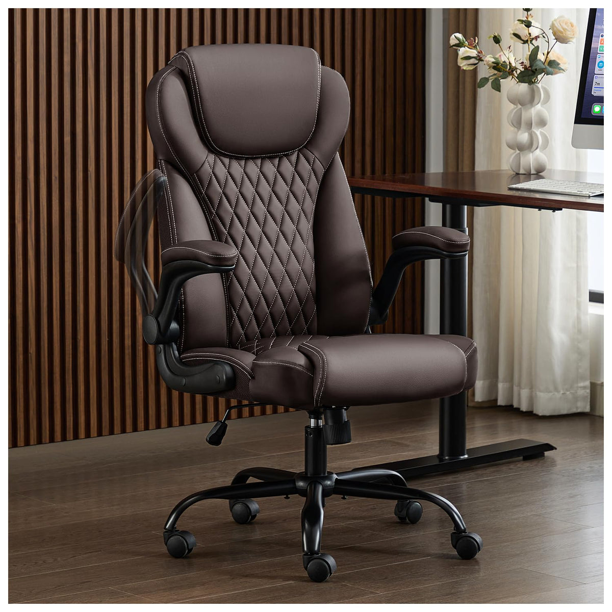 Amseatec Big and Tall Office Chair, Flip-up, Executive Desk Chair, Brown, Oversized