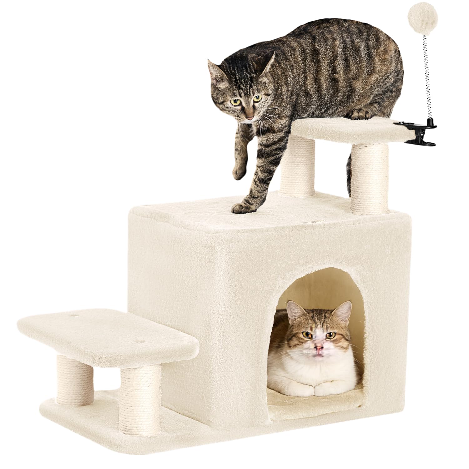 Happi N Pets Cat Stairs with Cat Scratching Post & Large Condo, Stable Pet Steps for High Beds Couch, 3 Combinations Ramp Tree Tower for Cats or Small Dogs, Removable Cushion & Bonus Toy, Beige