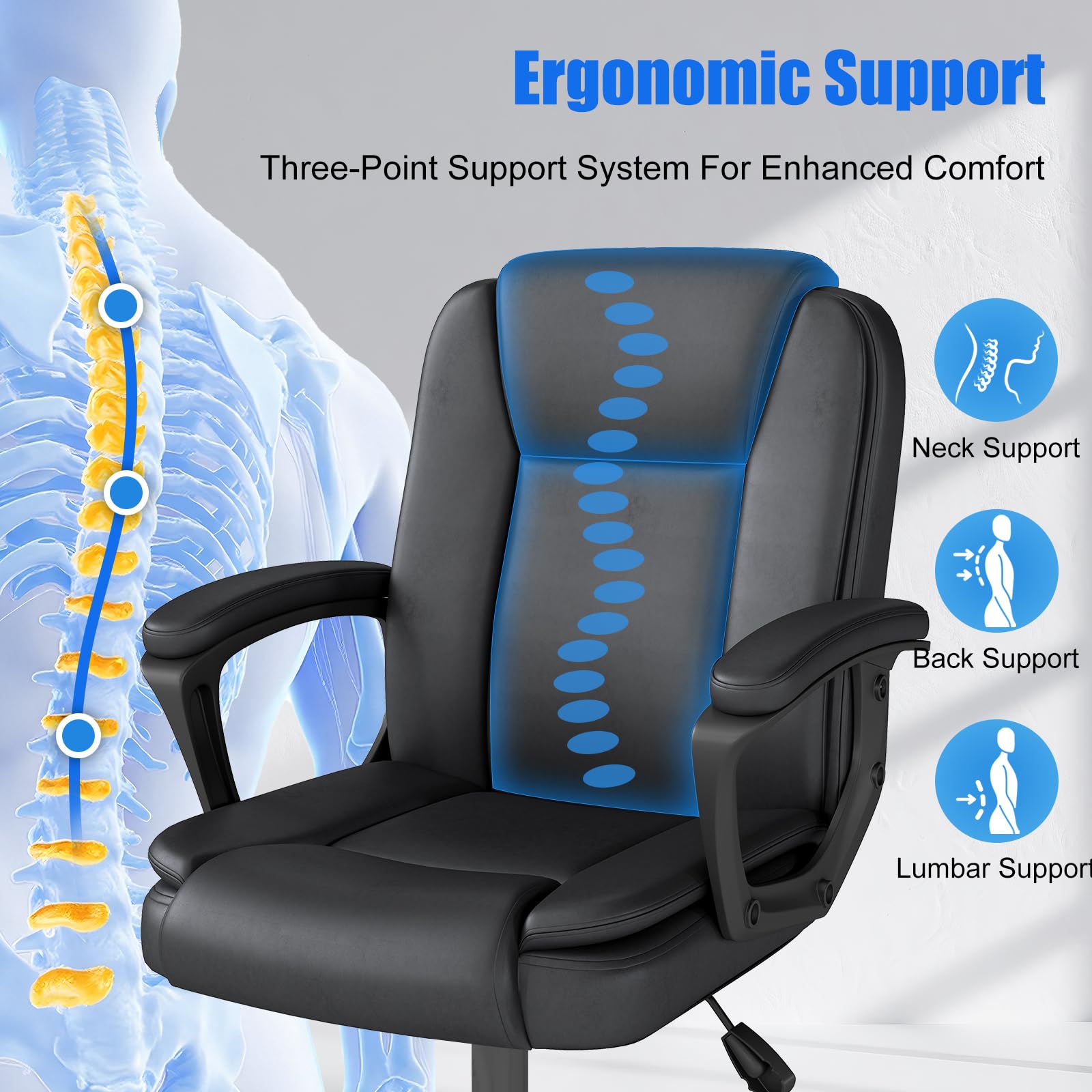Keratee Executive Office Chair, Leather Desk Computer Chair with Padded Armrests, Mid-back Swivel Adjustable Ergonomic Design for Home Office,