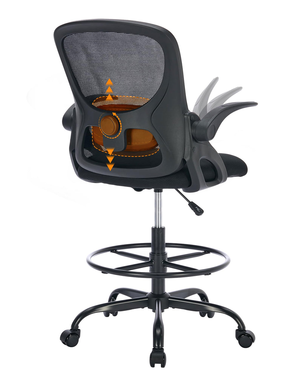 Lukkdys Drafting Chair with Arms, Tall Office Chair for Standing Desks, 19.7"-27.6", Black