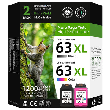High Yield 63XL Ink Cartridges Black and Color Replacement for HP Ink 63 fit for Envy 4520 4512 4510 OfficeJet 3830 4650 5255 5258 5200 4655 DeskJet 1112 2130 3630 Printer-2 Pack,Display Ink Level
