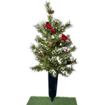 Cemetery Cone with a Large Christmas Tree with Snow, pinecones, and red Birds - Christmas Memorial Decoration - Realistic Silk Faux Floral Artificial Grave Flowers -
