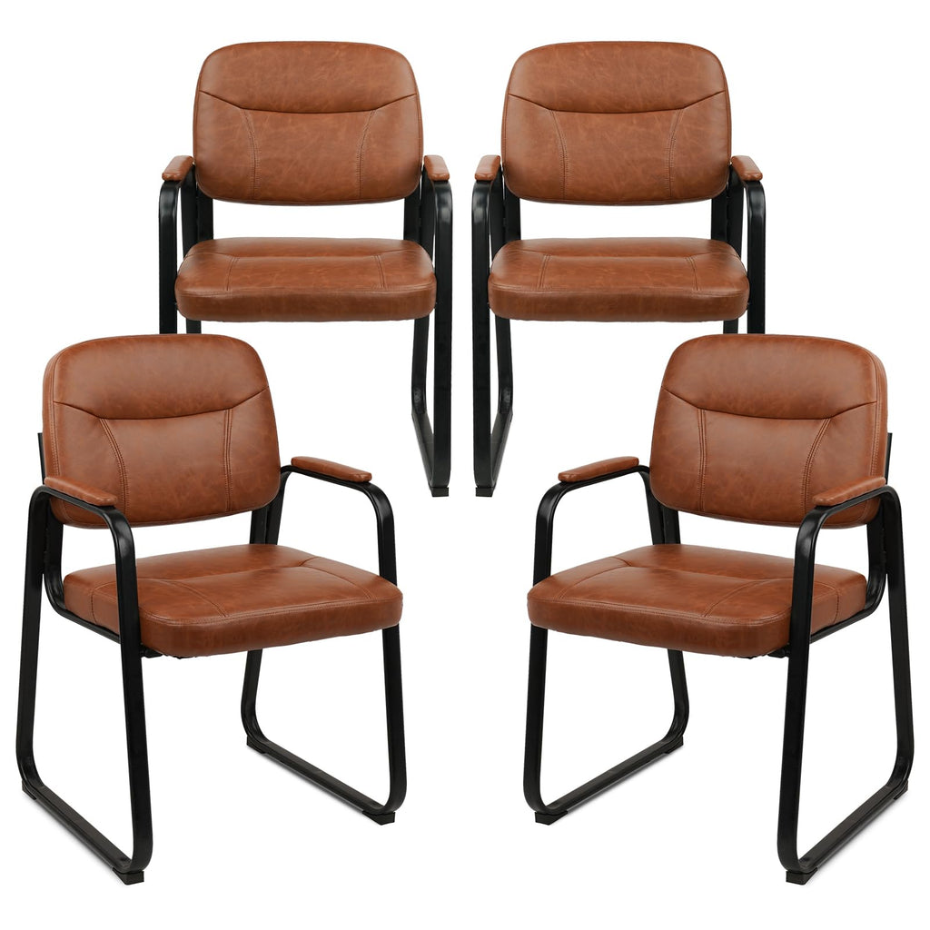 Clatina Waiting Reception Chairs No Wheel, Leather Guest Chair with Padded Arms, Modern Brown Office Desk Chairs with Sled Base for Office