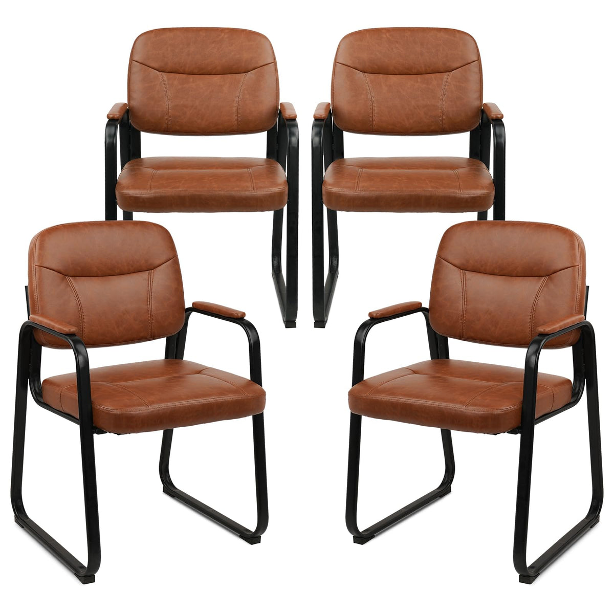 Clatina Waiting Reception Chairs No Wheel, Leather Guest Chair with Padded Arms, Modern Brown Office Desk Chairs with Sled Base for Office