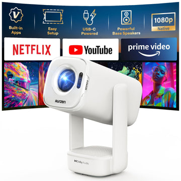 Aurzen D1 air Smart Portable Projector with WiFi and Bluetooth, USB-C Powered, Easy Auto Setup, 16W Dolby Audio, Built-in Apps, Native 1080P HDR10, Outdoor Movie Projector, White