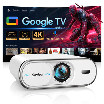 Outdoor-Projector Built-in Google TV, Sovboi Auto Lens Cap Smart Proyector | 4K Support, WiFi 6 & Bluetooth, AI Auto Focus&Voice Control, 3000 High Brightness, Portable for Indoor&outdoor Movies Night