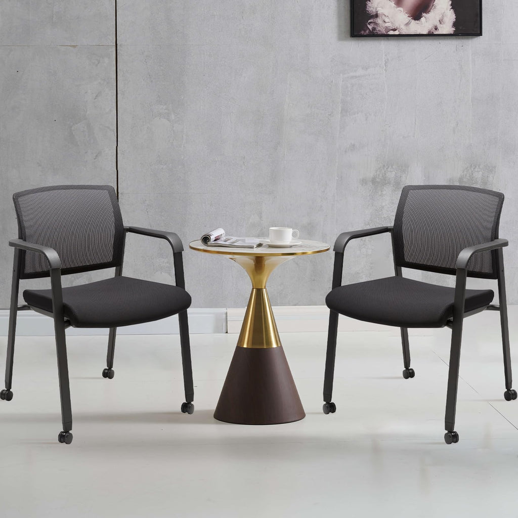 Clatina Black Waiting Room Chair with Wheels Mesh Back Stacking Arm Chairs with Upholstered Fabric Seat and Ergonomic Lumbar Support for Office