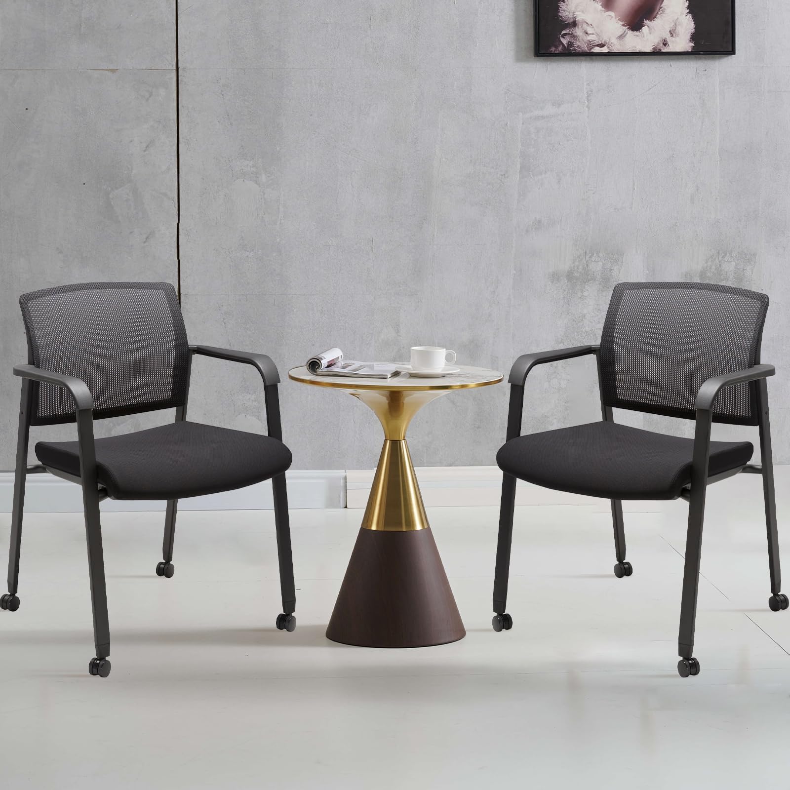 Clatina Mesh Back Guest Reception Arm Chairs with Wheels, Waiting Room Chairs with Upholstered Fabric Seat and Ergonomic Lumbar Support for