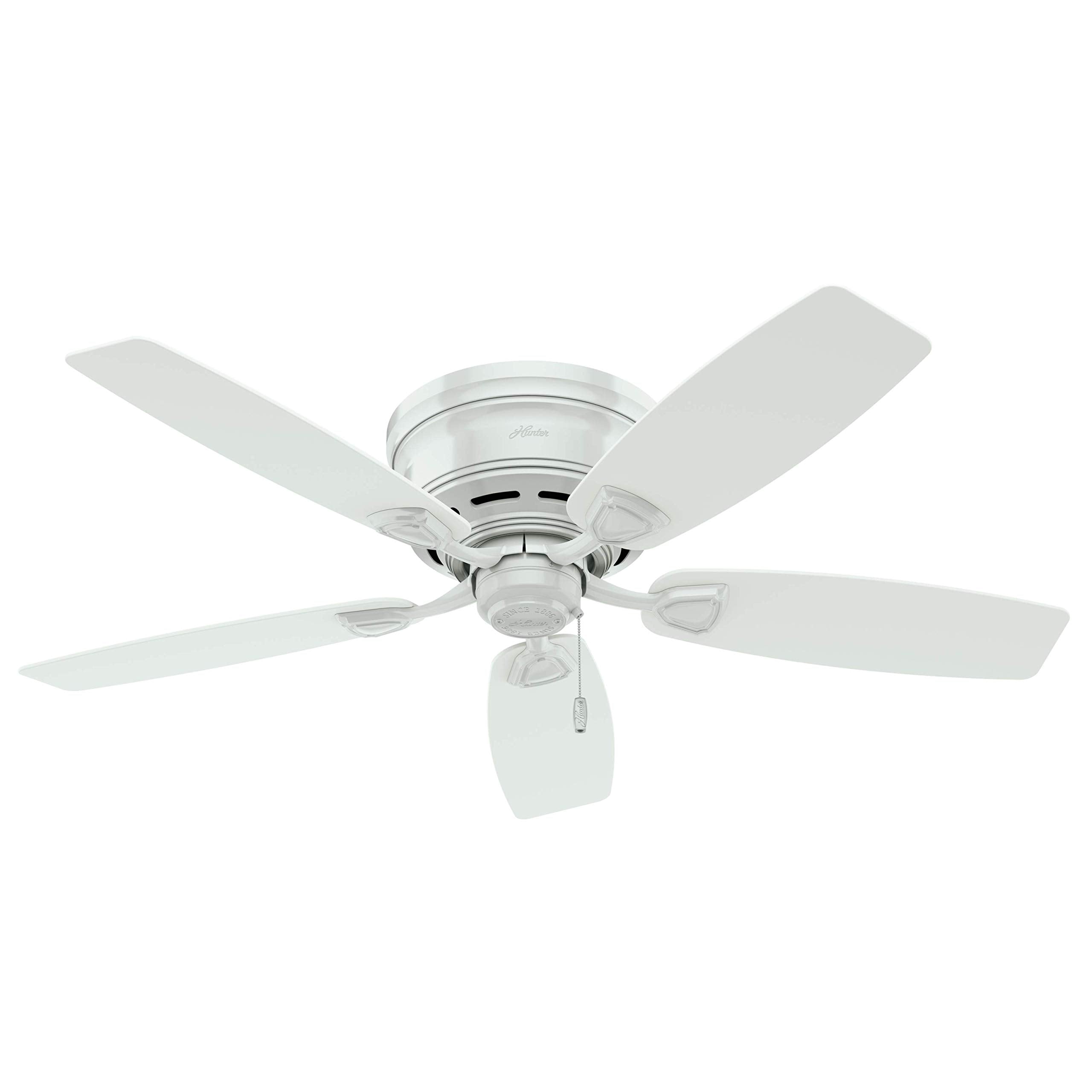 Hunter 48 inch Outdoor or Indoor Ceiling Fan No Light - Low Profile Flush Mount, White Ceiling Fan without Light, For Patio, Porch, Garage, or Living Room, 5 Blades, Pull Chain - Sea Wind 53119, White