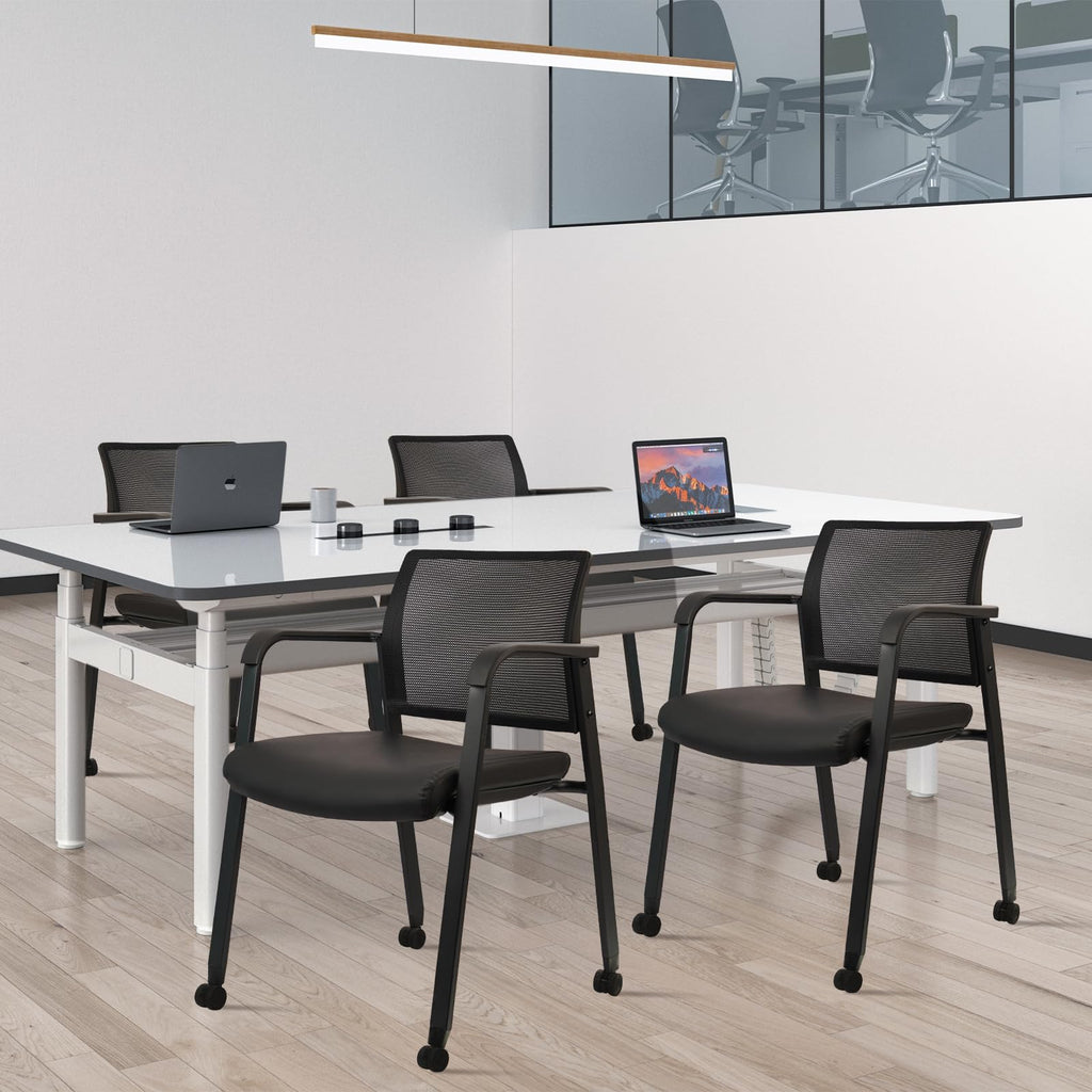 Clatina Stacking Office Chair with Wheels, Mesh Back Waiting Room Guest Chairs with Arms Comfortable Leather Cushion Stackable Desk Chair for