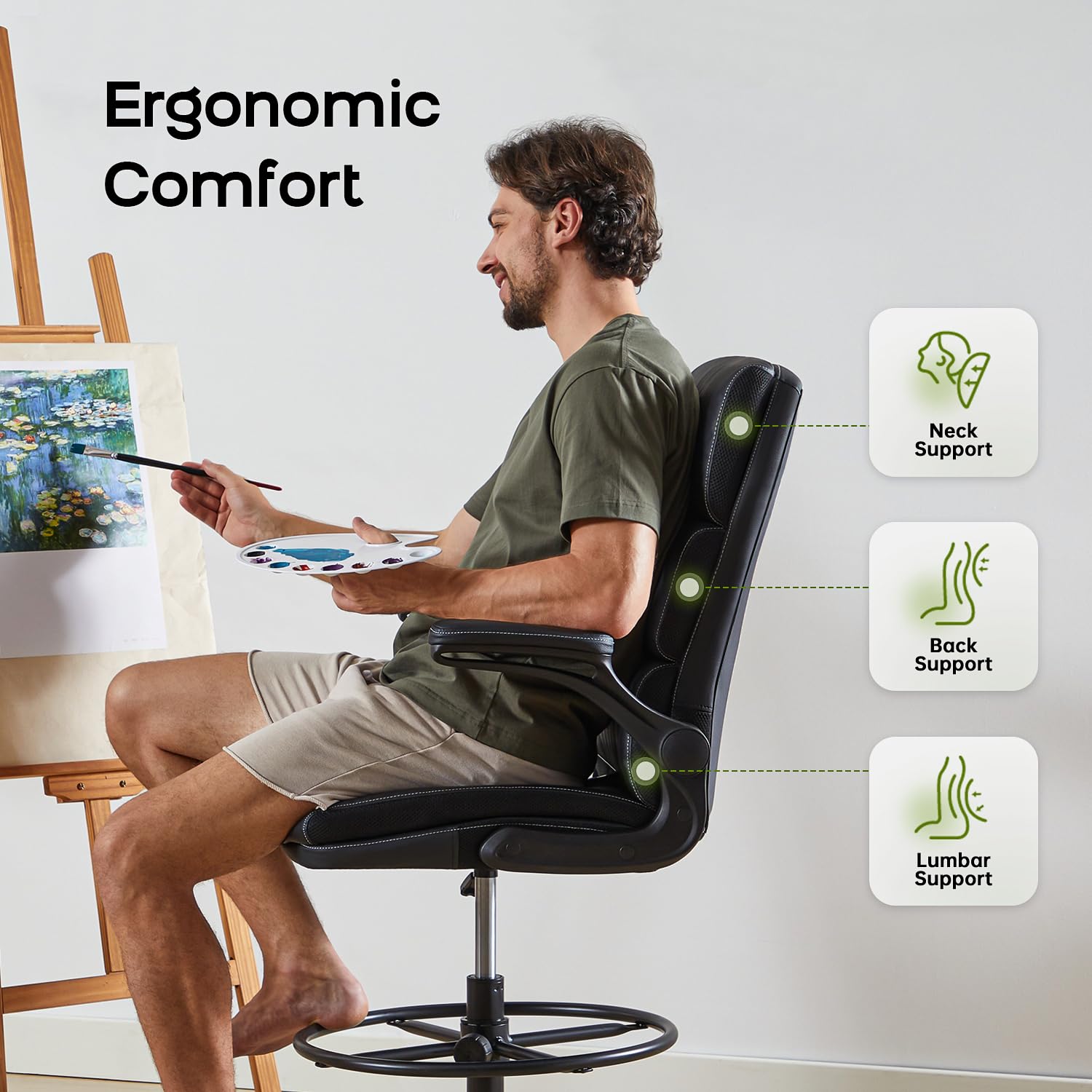 Amseatec Drafting Chair, Tall Office Chair with Footrest for Standing Desk, Small, Black