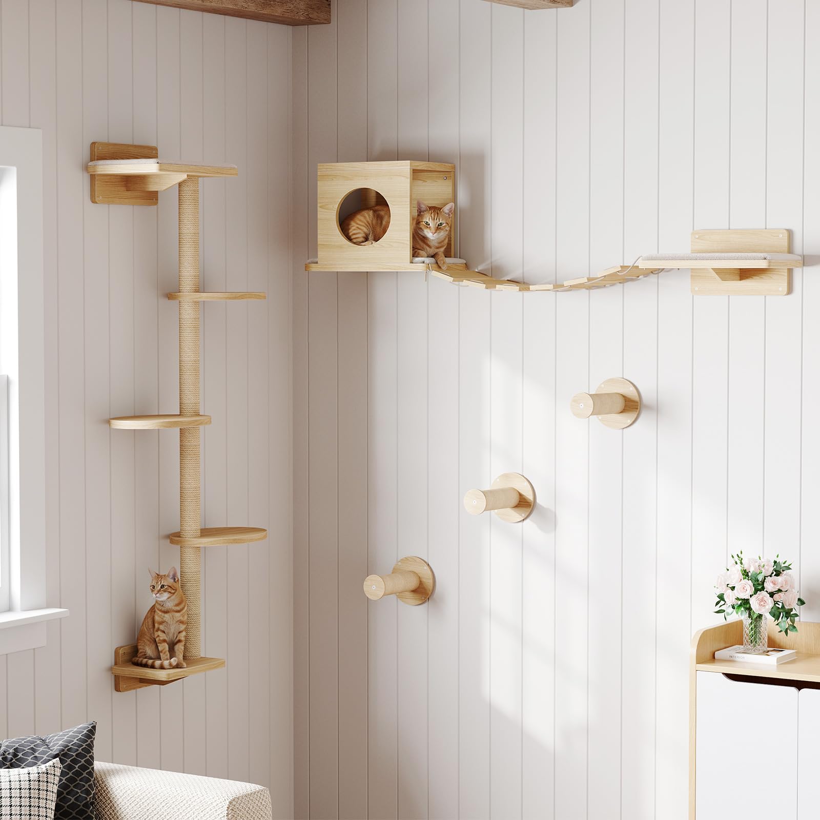HOOBRO Wood Cat Wall Shelves for Large Cats, 11-Piece Cat Wall Furniture, Wall-Mounted Shelves with House, Hammock, Ladder, Scratching Posts and Step, Climbing Wall for Multiple Cats, Natural NL46CS03