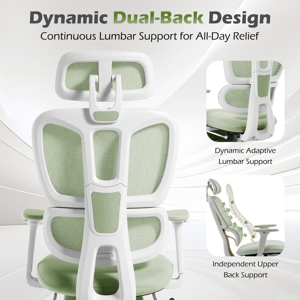 Ergonomic Office Chair with Footrest and Dynamic Lumbar Support, Green, High Back