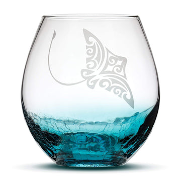 Integrity Bottles Tribal Stingray Design Stemless Wine Glass, Handmade, Handblown, Hand Etched Gifts, Sand Carved, 18oz (Crackle Teal)