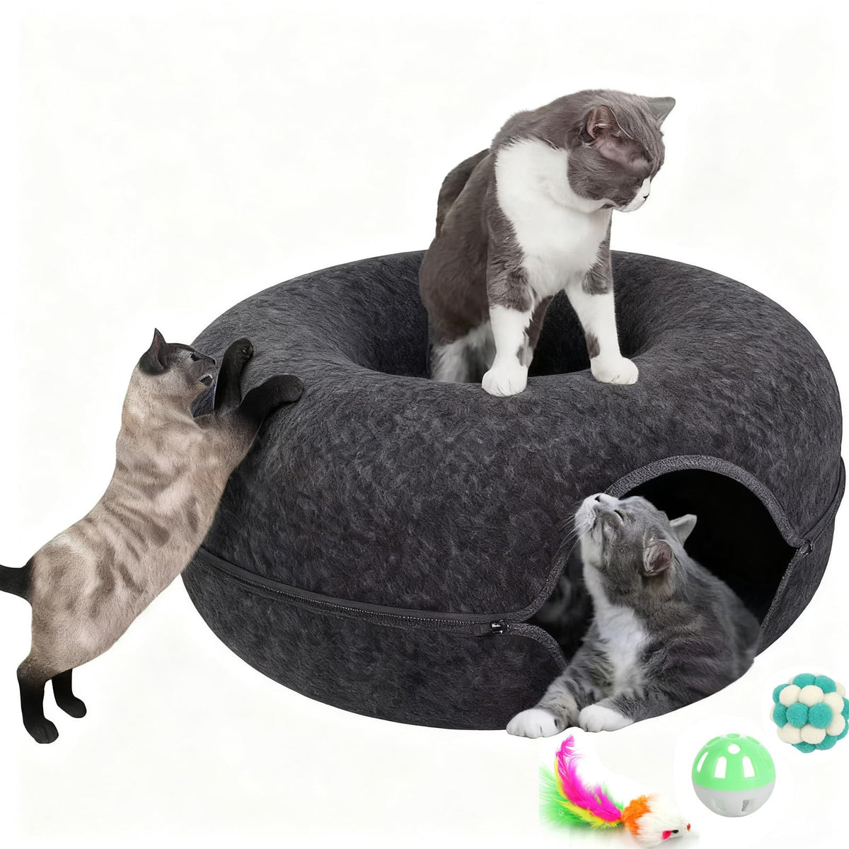 Cat Donut Tunnel Bed for Indoor Cats - Peekaboo Cat Cave, Detachable Felt, Washable, Interactive Play & Cozy Rest Space for Multiple Cats (Dark Gray)