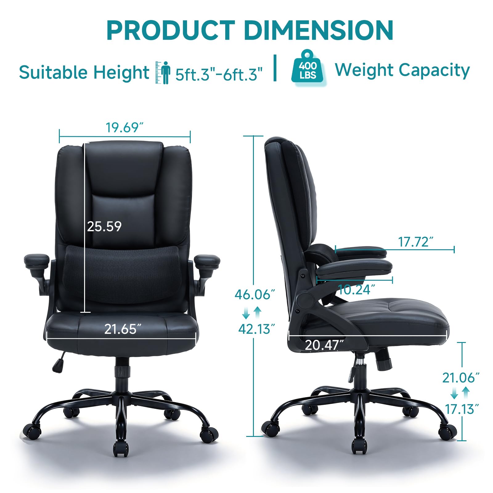 Sitpro 400lbs Executive Office Chair Wiht 3 Way Adjustable Armrest, Dark Black