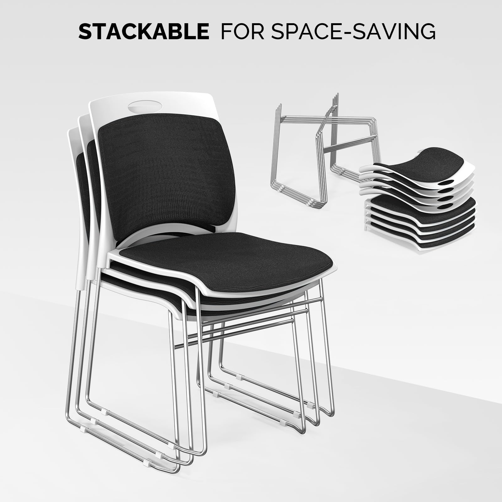 Vingli Stackable Plastic Mesh Padded Chairs for Office Set of 12, Black, 12 Pack