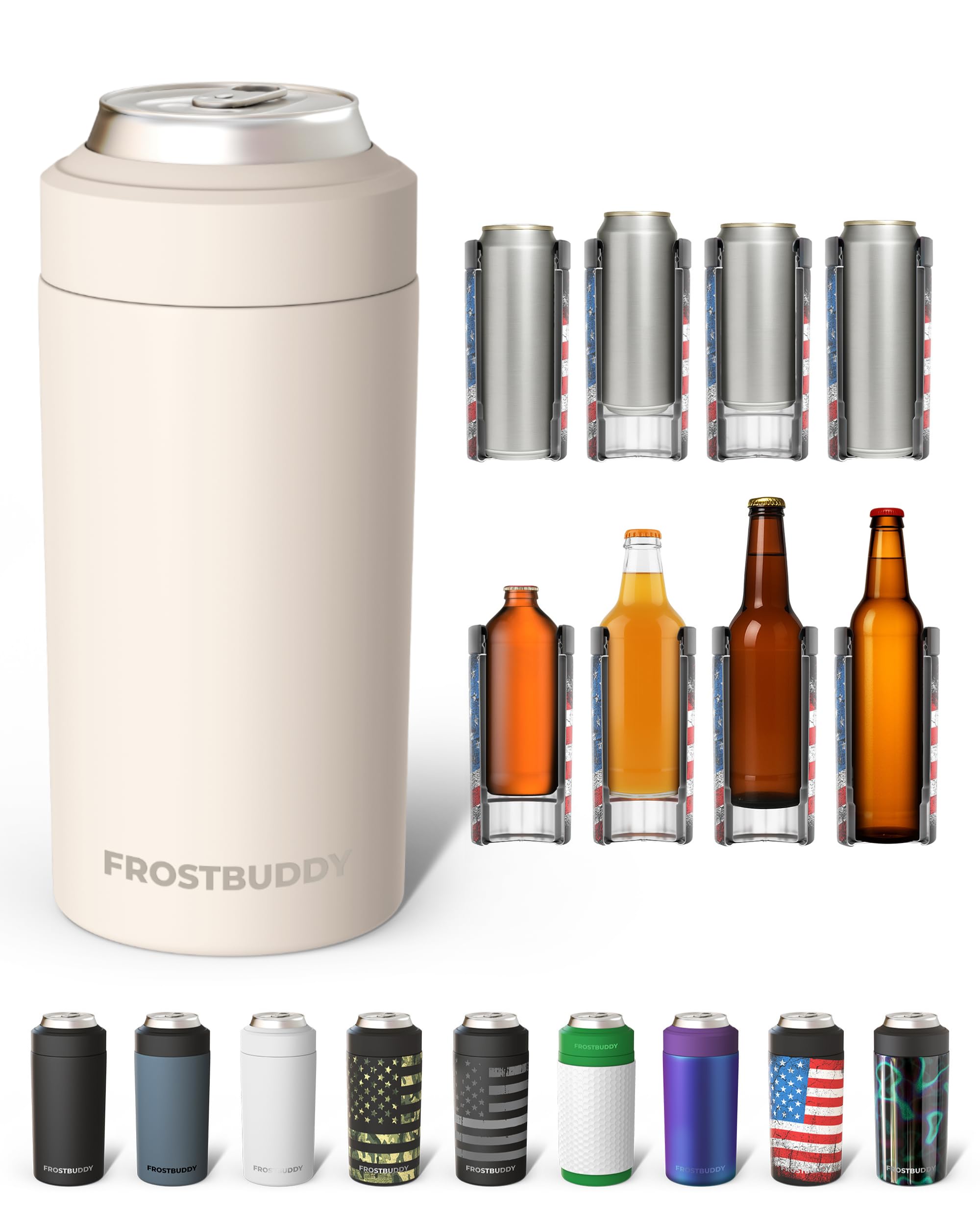 Frost Buddy Universal Can Cooler - Fits all - Stainless Steel Can Cooler for 12 oz & 16 oz Regular or Slim Cans & Bottles - Stainless Steel (Buttercream)