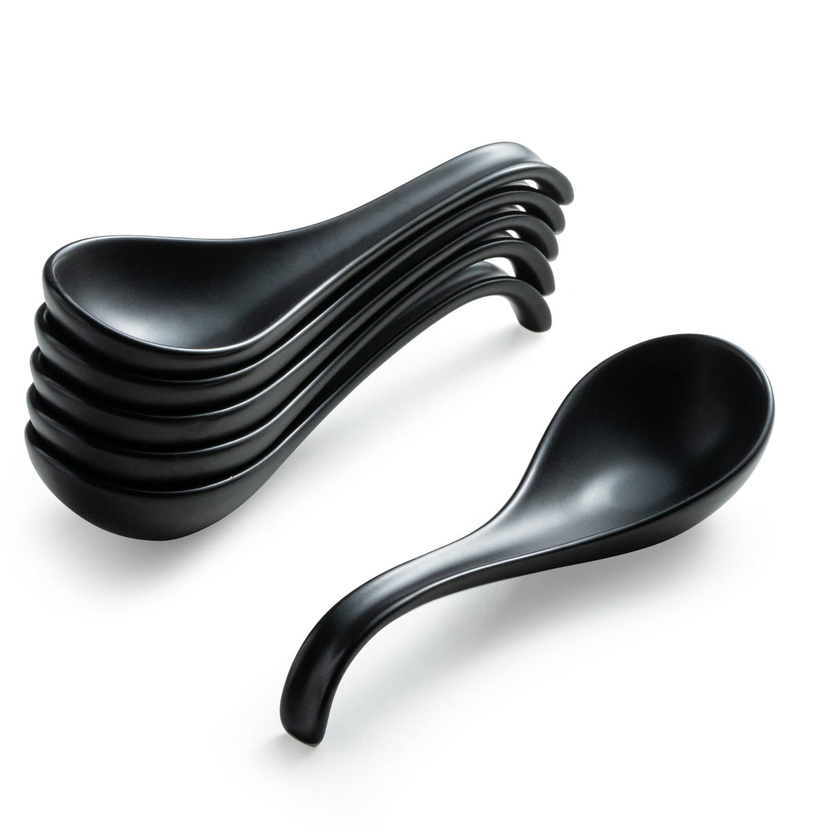 Asian Soup Spoons, 6.5 Inch Ceramic Chinese Soup Spoons for Cereal, Ramen, Pho, Noodles, Stews, Father's Day Black Kitchen Spoons with Long Handle and Deep Oval Design - Set of 6