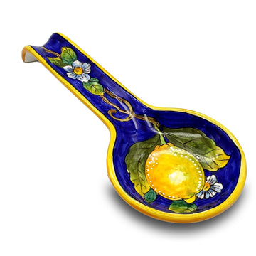 Italian Ceramic Spoon Rest for Kitchen Counter Top, Spoon Holder for Stove Top Hand Painted With Brush, Lemon Blue Decor, Produced by Giotti Ceramiche Made in Italy Tuscany, Home Decor Pottery