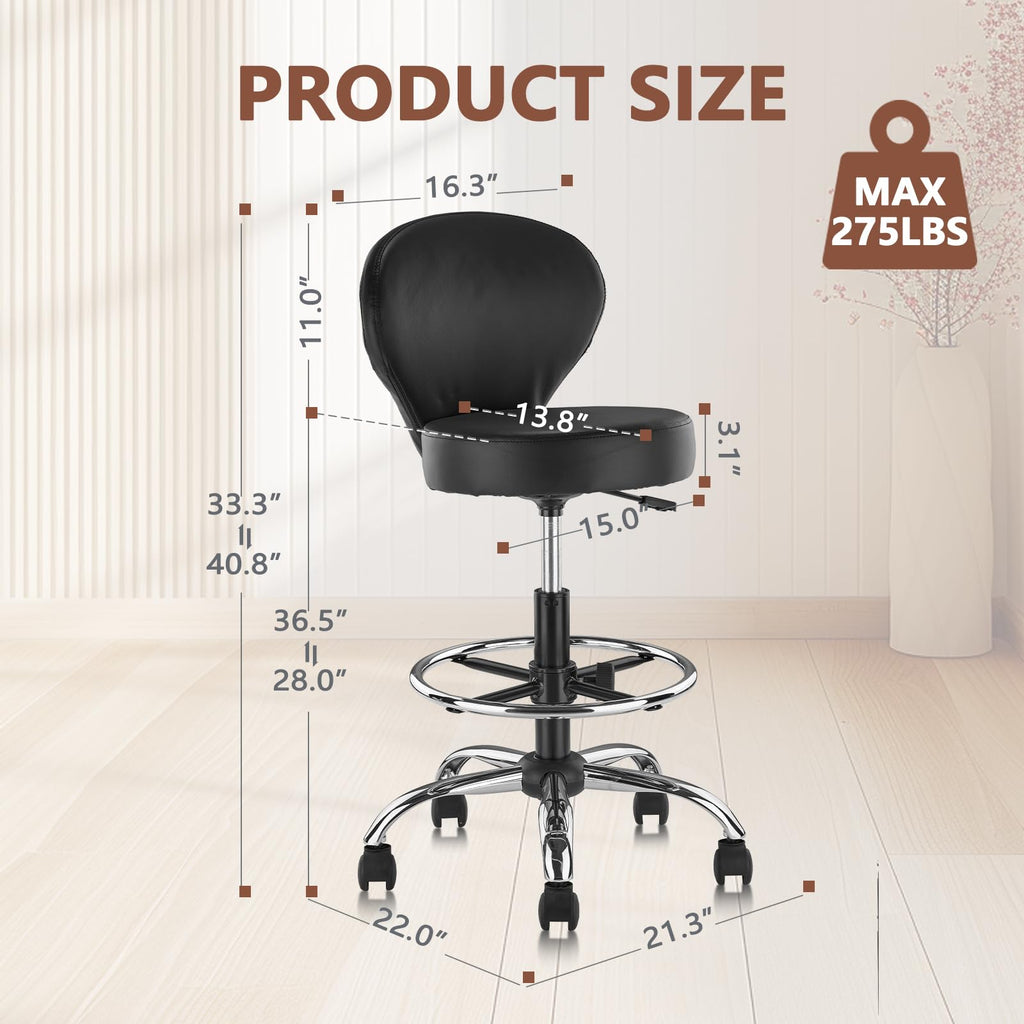 Klasika Pvc Faux Leather Drafting Chair Set of 4 Rolling Swivel Salon Stool with Back Foot Rest Adjustable Hydraulic Seat Height 30 Inch