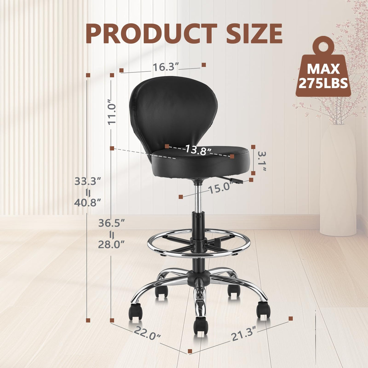 Klasika Pvc Faux Leather Drafting Chair Set of 4 Rolling Swivel Salon Stool with Back Foot Rest Adjustable Hydraulic Seat Height 30 Inch
