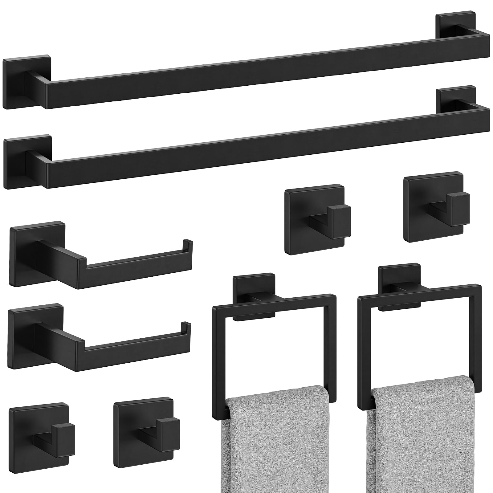 10-Pieces Matte Black Bathroom Accessories Set, 24 Inch Bathroom Hardware Set, SUS304 Stainless Steel Bath Towel Bar Set, Towel Racks for Bathroom Wall Mounted