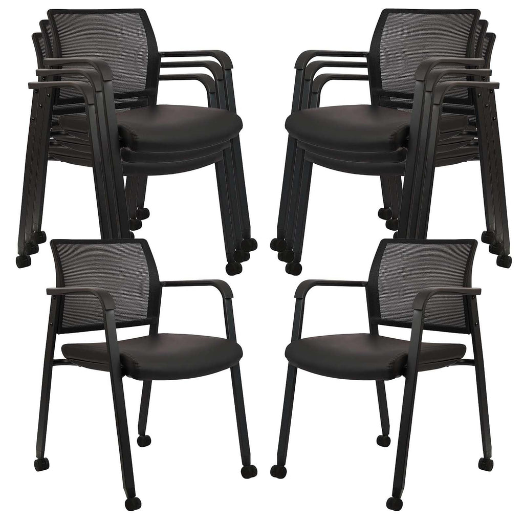 Clatina Stacking Office Chair with Wheels, Mesh Back Waiting Room Guest Chairs with Arms Comfortable Leather Cushion Stackable Desk Chair for
